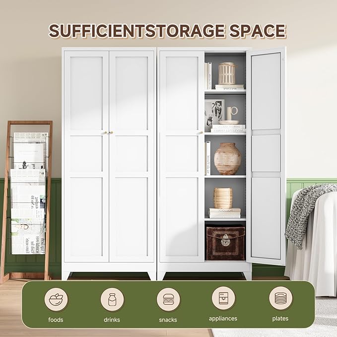 Letaya 75" H Metal Storage Cabinet with 2 Doors and 4 Shelves,Tall Kitchen Pantry Cabinets,Farmhouse Utility Pantry Organizers for Cupboard/Dining/Bathroom/Home Office/Garage Room,White