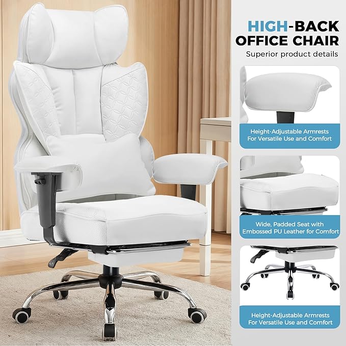 COMHOMA Desk Office Chair Big and Tall Office Chairs Ergonomic Gaming Chairs with Wide Seat Leather High Back Chair with Foot Rest Adjustable Armrests Pocket Spring Lumbar Support