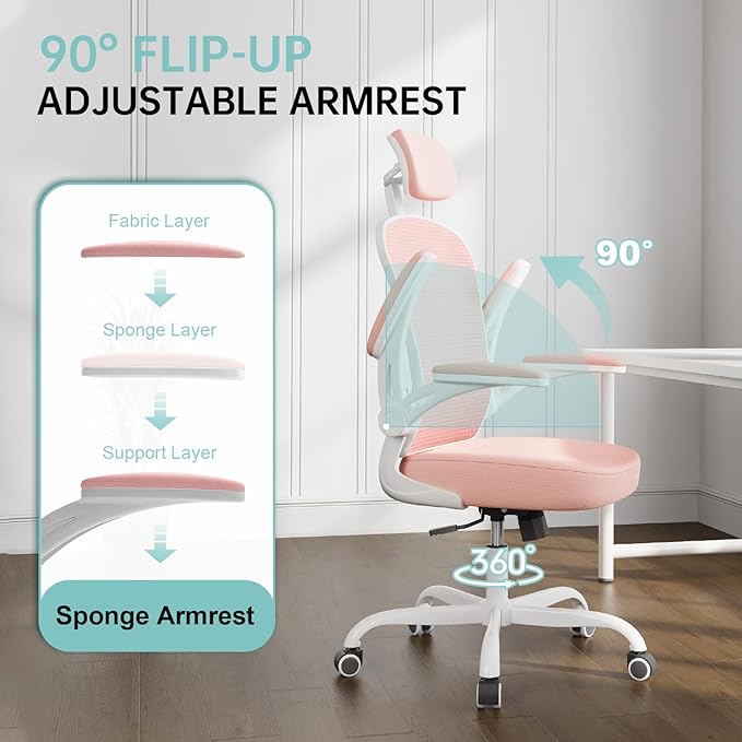 Synorla Office Chair Ergonomic Desk Chair, 330LBS Capacity, High Back Computer Design for Long Hours Comfort, Rolling Swivel Executive Task for Home Office with Flip-up Armrests(White Pink)