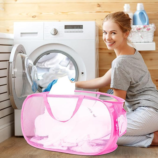 Durable Collapsible Laundry Baskets, Mesh Pop Up Laundry Hamper with Side Pocket, Foldable Clothes Storage Hamper with Reinforced Carry Handles for Laundry, Bathroom, Kids Room, Dorm or Travel Pink