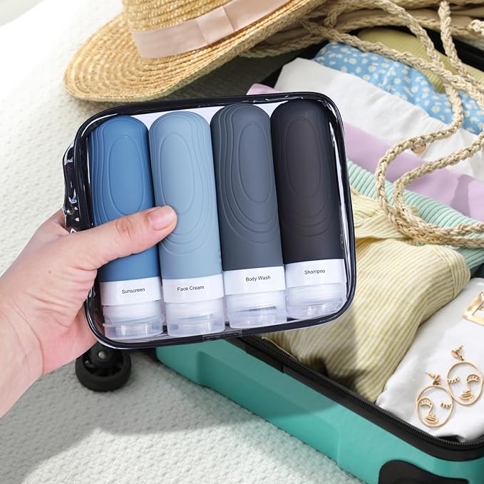 GLAMFIELDS Travel Bottles for Toiletries,TSA Approved 3oz size Leak Proof Silicone Containers for Shampoo, Conditioner,Easy to Squeeze and Portable, Essentials for Traveling (4 Pack) Black