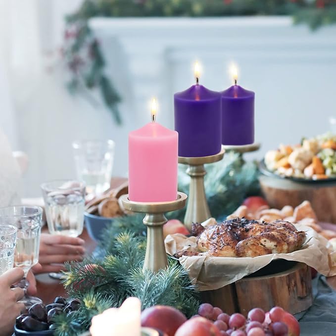 Set of 4 2x3 Inch Advent Pillar Candles, Dripless Unscented Purple and Pink Candles for Christmas Advent Holiday Season - 24 Hours Burn Time