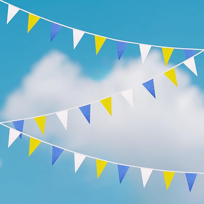 100 Ft White Yellow Dark Blue Pennant Banner Flag, 60 Pcs String Hanging DIY Bunting Flags for Party, School, Birthday, Wedding, Carnival, Celebrations, Outdoor and Indoor Decorations (White Yellow Dark Blue)