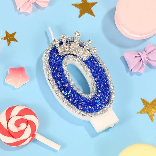 Blue Birthday Candle Crown Number 0 Candle with Sequins Cake Candles Cupcake Decorations Party Decor for Anniversary Celebrations Supplies