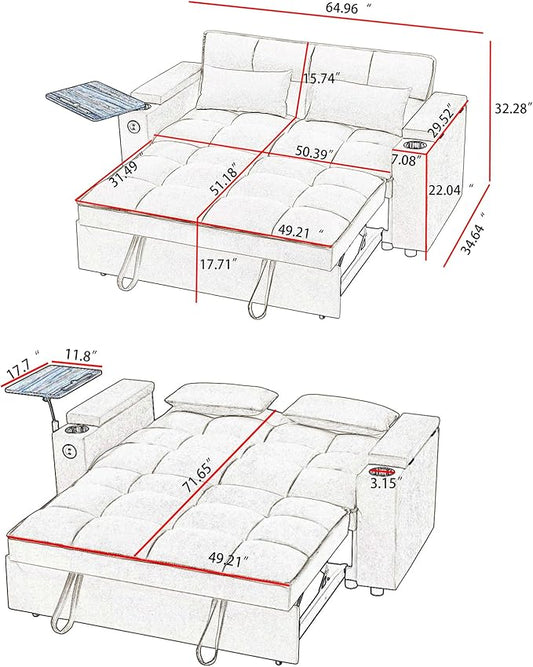 65'' Convertible Sleeper Sofa Bed with Pull-Out Design, 3-in-1 Modern Chenille Fabric Couch with 360° Swivel Side Table, Queen Size, Easy Assembly, for Living Room, White