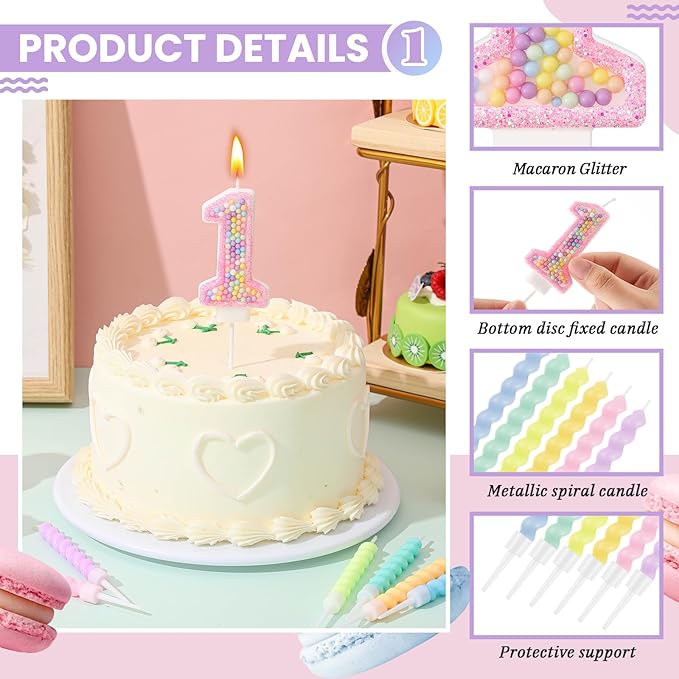 MTLEE Number 1 Birthday Candle with 12 Pcs Spiral Candles for Girls Macaron Pastel Rainbow Unicorn Pink Cake Topper for Sweet Theme Party Decoration