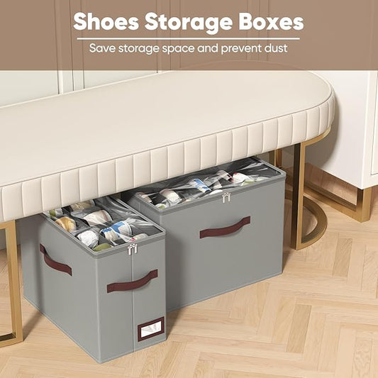 OIAHOMY 2 Pack Shoe Organizer for Closet, Foldable Shoe Storage Bins with Adjustable Dividers, Stackable Oxford Cloth Sneaker Boxes for Entryway Bedroom, Fits Up to 16 Pairs, Grey