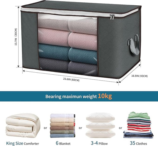 Large Storage Bags, 4 Pack Clothes Storage Bins Foldable Closet Organizers Storage Containers with Durable Handles Thick Fabric for Blanket Comforter Clothing Bedding 90 L (Gray)