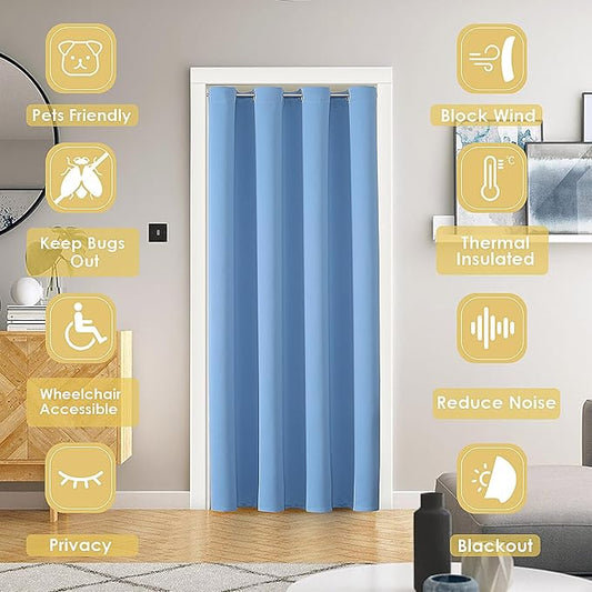 ChrisDowa Blackout Door Curtains for Doorway Privacy, Grommet Closet Curtains for Bedroom Closet Door, Thermal Insulated Temporary Doorway Cover Room Divider Drapes (1 Panel, Sky Blue, 52 x 80 Inch)