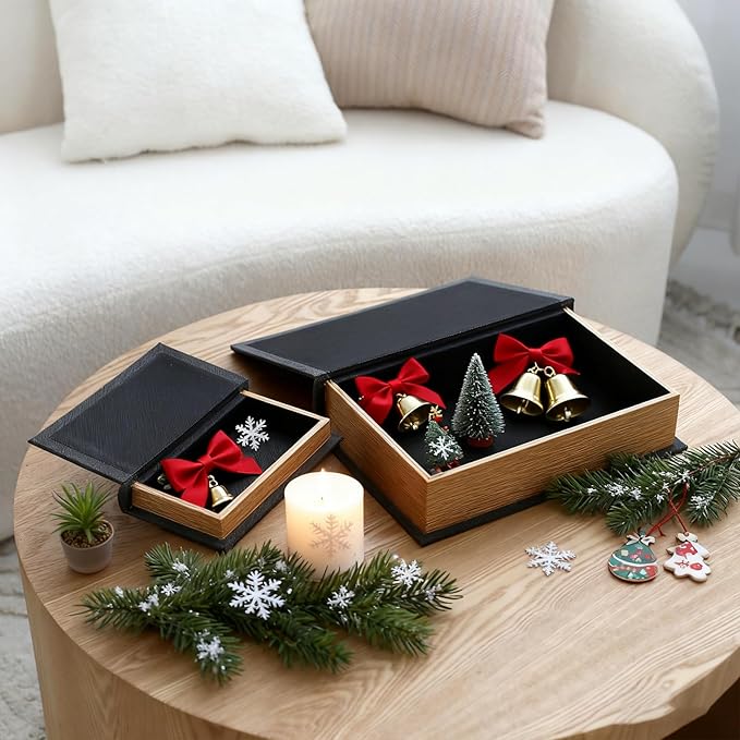 Modern Linen and Wood Decorative Faux Book Boxes Set of 3-13",10",8" - Black