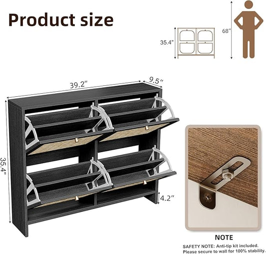 Nicetree Shoe Cabinet Storage for Entryway, 4-Flip Drawer Narrow Shoe Rack, Organic Modern Rattan Shoe Organizer with Gold Legs, Shoe Organizer Fits Men's Size 13.5, Black