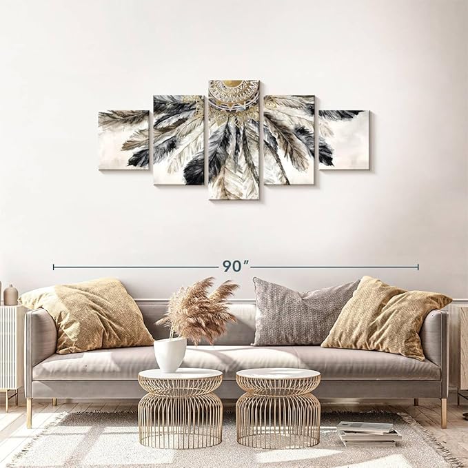 ElephantStock - Necklace Of Feathers Iii Wall Art - Horizontal Multi Panel Canvas - 5 Piece Living Room Wall Decor - Painting Multi Piece Wall Art - Brown And Gray Decor by Eva Watts - 68" x 30"