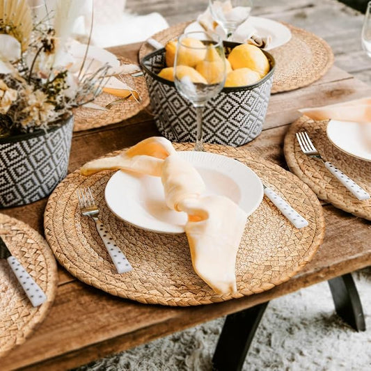 13 in Woven Placemats Plate Chargers Set of 12, Boho Farmhouse Rustic Round Place Mats for Dining Table Decor, Rattan Wicker Table Mats Chargers for Dinner Plates