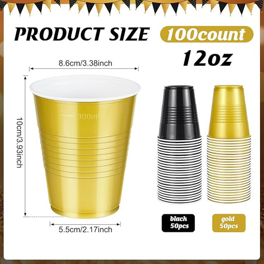 100 Pcs Black and Gold Plastic Cups 12 oz, Bulk Gold and Black Disposable Party Graduation Cups for Graduation New Year Wedding Birthday Christmas Theme Party Supplies Decorations