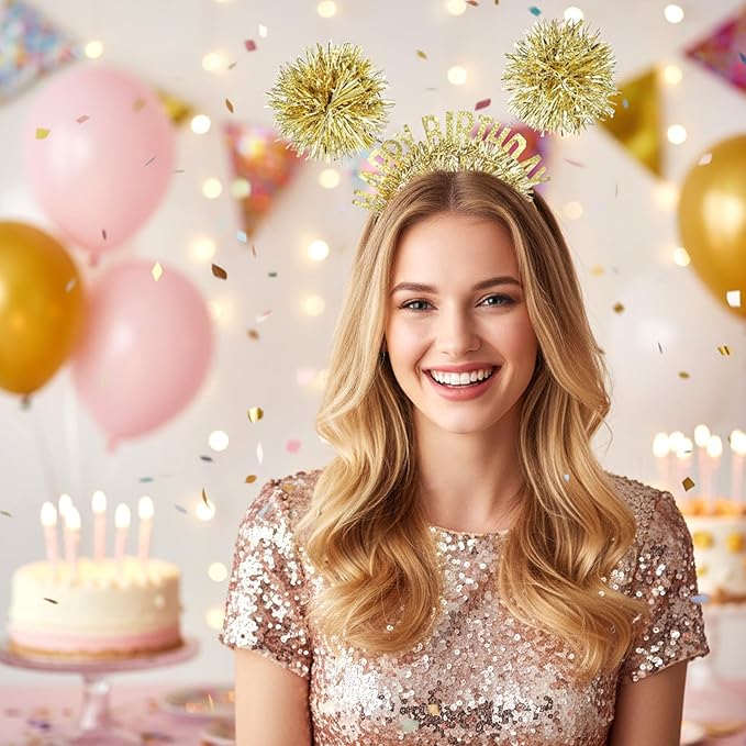 Birthday Crown for Girls and Women, Pom Pom Headband Happy Birthday Tiara Hair Headband Accessories for Adults Kids(Gold)