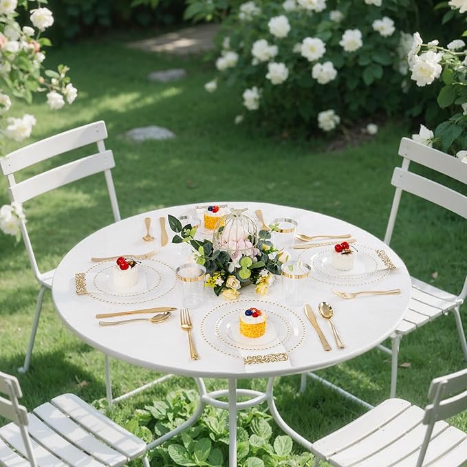 LIYH 350 Pcs Clear Plastic Plates - Gold Rim Plastic Dinnerware Set Elegant Disposable Plates Include Dinner & Dessert Plate Cups Gold Silverware Wedding Napkins for Birthday Party Wedding 50 Guests