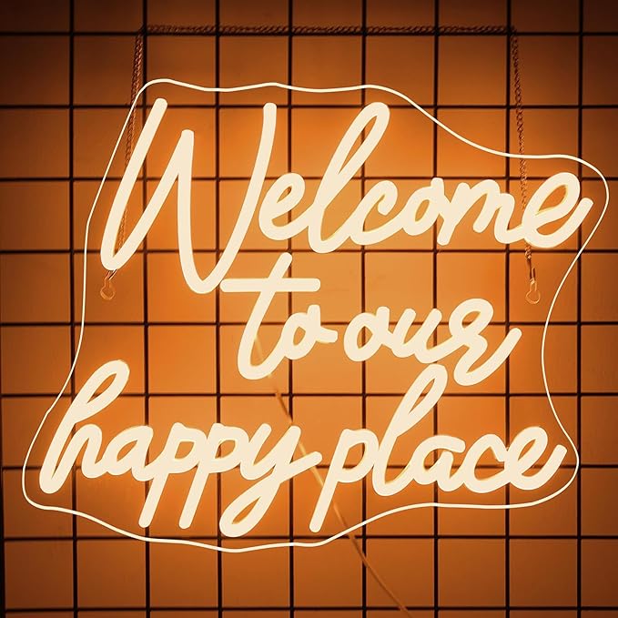 NOSUN WELCOME TO OUR HAPPY PLACE Neon Sign Happy Place Neon Signs for Wall Decor Dimmable Warm White LED Signs for Bedroom Classroom Man Cave Home Bar Birthday Party Game Zone Decor Neon Classroom Sign