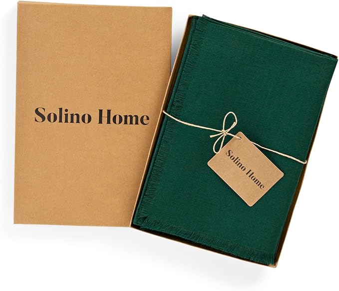 Solino Home Evergreen Linen Napkins Set of 4-100% Pure Linen Fringe Dinner Napkins 20 x 20 Inch for Fall, Autumn, Christmas, Winter, New Year - Handcrafted and Machine Washable