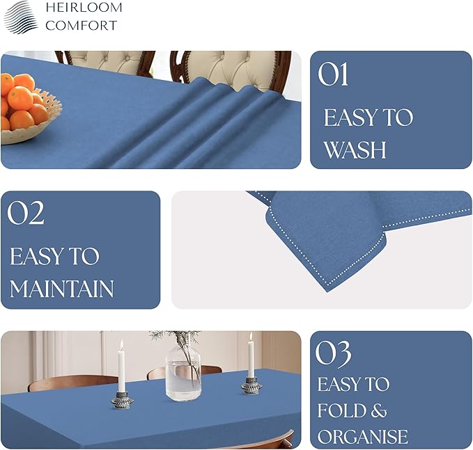 Sky Blue Cotton Tablecloth, Table Cloth 52x70 Inch, Fits 4-6 Seats, Soft, Durable, Washable, Wrinkle Resistant, Rectangle Table Cover for Dining, Baby Showers, Spring Celebrations