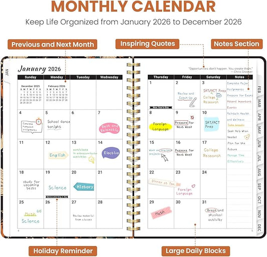 2026 Planner, Weekly and Monthly Planner for Women, Jan 2026 - Dec 2026 Pretty 2026 Calendar Planner with Monthly Tabs, Inner Pocket, Spiral Binding, Perfect for Office Home School - 6.3" x 8.5", Fluttering Night