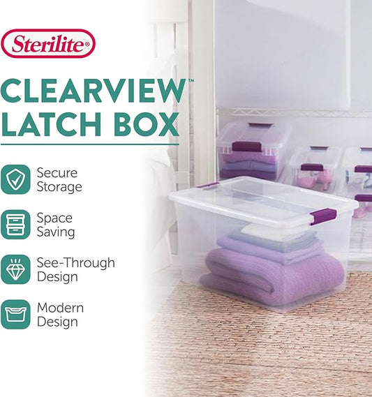Sterilite 66 Qt ClearView Latch Storage Box, Stackable Bin with Latching Lid, Plastic Container to Organize Clothes in Closet, Clear Base, Lid, (Pack of 6)