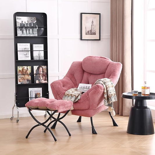 LITA Lazy Chair with Ottoman, Modern Accent Leisure Upholstered Sofa Chair, Lounge Reading Chairs with Armrests and a Side Pocket for Living Room, Bedroom & Small Space, Plush Dark Pink