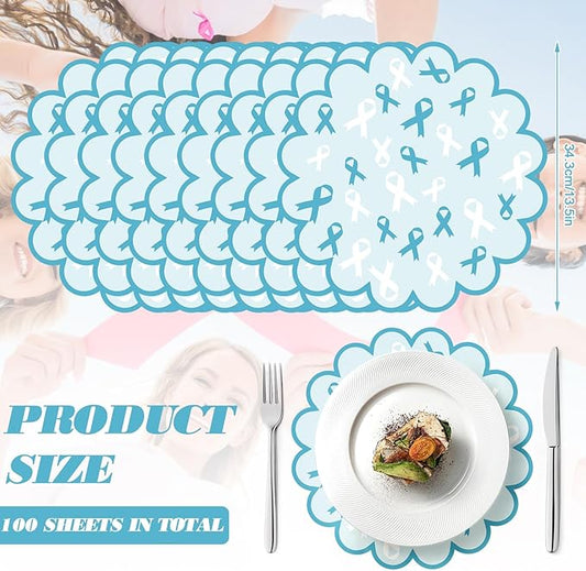 100 Pcs Ovarian Cancer Awareness Products 13.5" Scalloped Teal Ribbon Paper Placemats Disposable Sexual Assault Awareness Cervical Cancer Place Mats for Health Charity Public Social Event Supplies