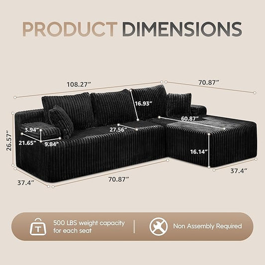 Modular Sectional Sofa Couches L-Shape Couch 3 Seat Modular Sofa Memory Foam Sectional Couches for Living Room, Cloud Couch with Oversized Chaise (Black Stripe, 108" Right Facing Chaise)