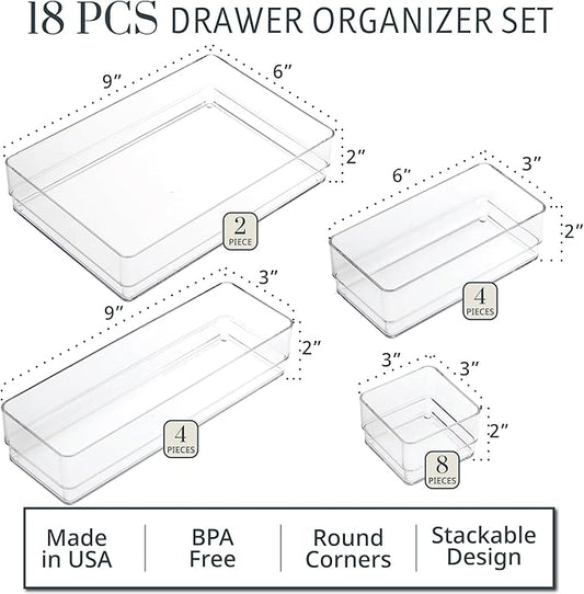 STORi SimpleSort 18-Piece Stackable Clear Drawer Organizer Set | Multi-size Trays | Makeup Vanity Storage Bins and Office Desk Drawer Dividers | Made in USA