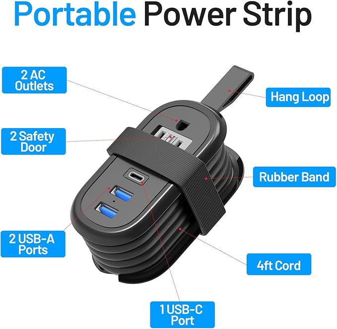 BEVA Travel Power Strip with USB C Ports, 4FT Extension Cord, 2 Outlets, 3 USB Ports, Cruise Ship Essentials (3.4A Charge, Black)