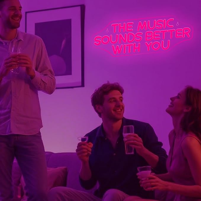 NOSUN The Music Sounds Better with You Neon Sign Romance Neon Signs for Wall Decor Led Neon Sign Aesthetic Room Decor for Teen Girls Neon Lights Signs for Bedroom Salon Party Pink Light