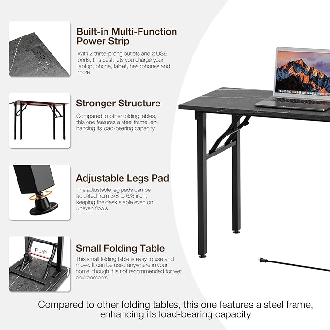 TEMI Small Computer Desk Folding Table - No Assembly, Compact 43.3" Foldable Desk with Power Outlets & USB Charging Port, Portable Small Office Desk, Ideal Mini Study Table, Marble Greige
