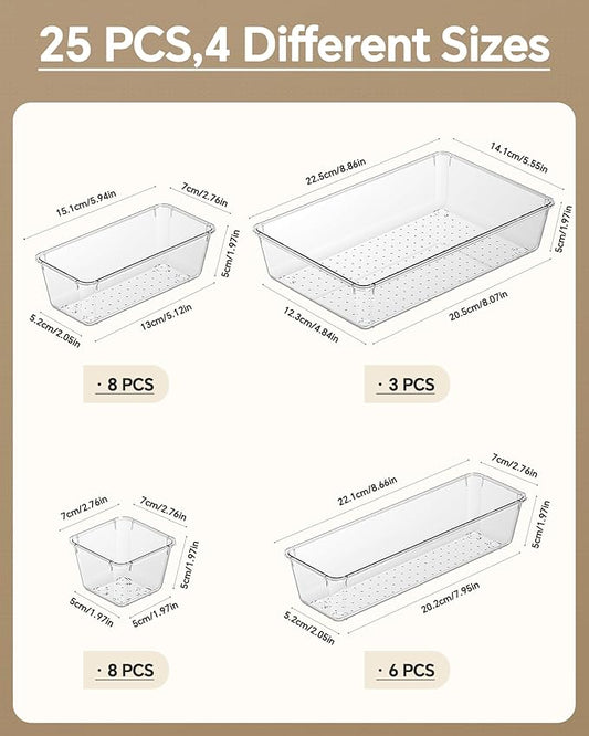 25 PCS Plastic Drawer Organizers Set, 4 Sizes Vanity Organizer, Makeup and Desk Drawer Organizer Trays, Organization and Storage for Makeup, Bathroom, Kitchen Utensils and Office (Clear)