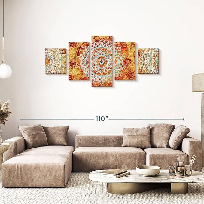 ElephantStock - Sun Like Mandala Symbols Wall Art - Horizontal Multi Panel Canvas - 5 Piece Living Room Wall Decor - Digital Art Elements Multi Piece Wall Art - Orange And Blue Decor - 74" x 34"