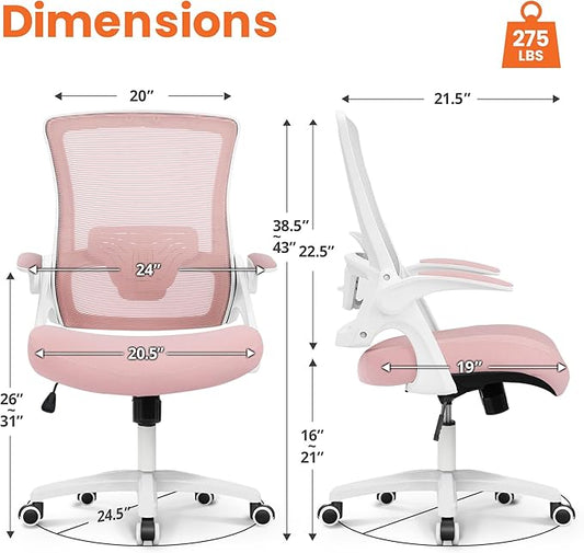 NEO Chair Office Desk Chair Computer High Back Mesh Gaming Seat with Ergonomic Adjustable Comfy Flip-up Armrests Lumbar Support Height for Home (Pink)