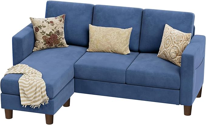 VICTONE Convertible Sectional Sofa Couch, 3 Seat L-Shaped Sofa with Linen Fabric Ottoman Small Couch for Small Apartments, Living Room and Office (Linen Fabric, Blue)