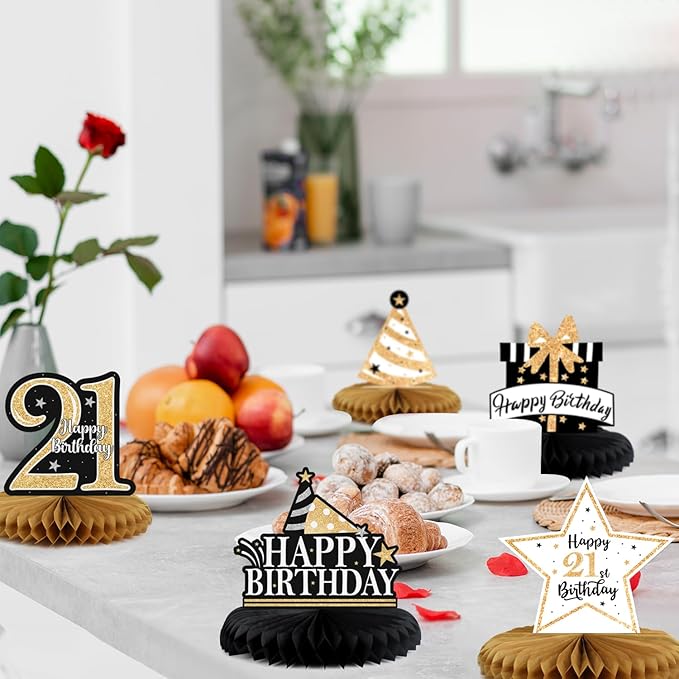Happy 21st Birthday Decorations,21st Bday Gold Glitter Shiny Stand Honeycomb Table Centerpieces - Cheers to 21 Years Old Birthday Party Photoprop Gift Sign.
