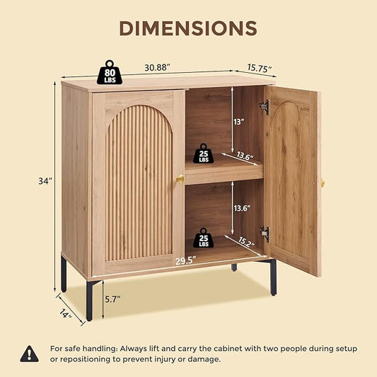 Modern Buffet Cabinet with Storage, 34" Tall Fluted Arched Sideboard Cabinet w/Adjustable Shelves, Wooden Modular Coffee Bar for Dining Room, Kitchen, Living Room, Entryway, Natural