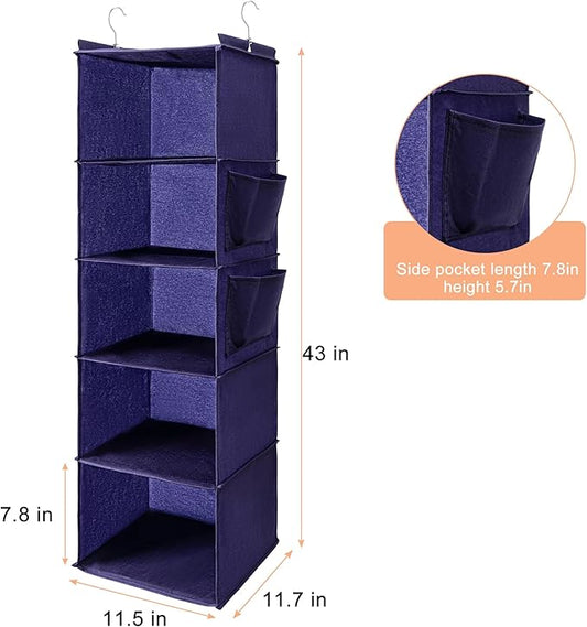 BOOMIBOO Hanging Closet Organize and Shelves,5-Hanging Shelf with 2 Side Pockets,Storage Foldable (Purple)