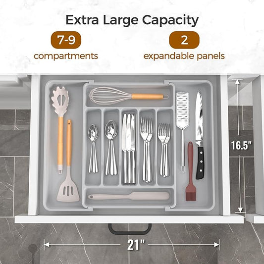 Extra Large Expandable Silverware Organizer, BPA-Free Food-Safe Cutlery Flatware Organizer, Kitchen Utensil Drawer Organizer, Adjustable Silverware Holder for Spoons Forks Knives, Gray