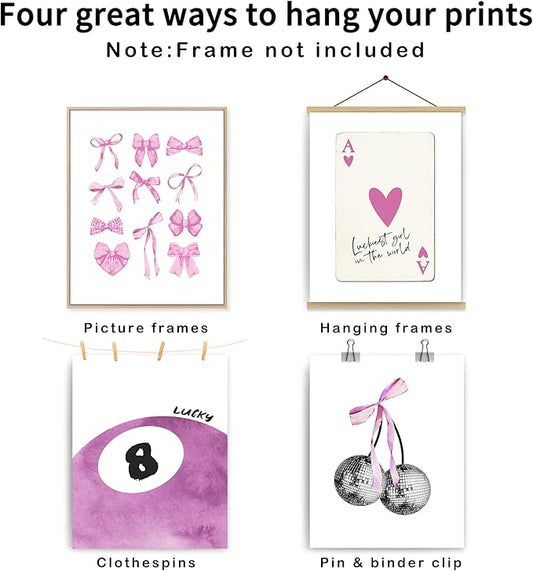 okaxscm Purple Coquette Trendy Preppy Wall Art Prints Set of 4, Coquette Preppy Room Decor Aesthetic, Purple Bow Disco 8 Ball Cherry Wall Decor Posters for Girls Bedroom Dorm, 8x10 Unframed