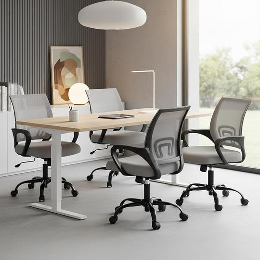 DUMOS Home Office Chair - Ergonomic Mid Back Mesh Desk Chair with Lumbar Support & Rocking Mode, Height Adjustable with Fixed Armrest, for Computer, Gaming, Meeting, Grey, 2 Pack