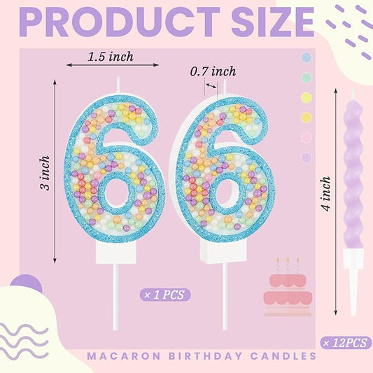 MTLEE Birthday Candle Macaron Glitter 3D Number Candle with 12 Pcs Rainbow Spiral Candles in Holders for Girl Boy Cake Topper Wedding Anniversary Pastel Sweet Theme Party Decoration(Blue,Number 6)