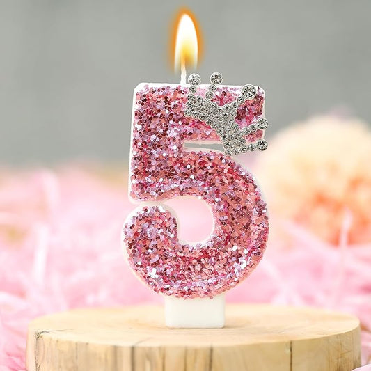 Birthday Number Candles,Pink Crown Birthday Candles for Cake,Glitter Number 5 Candle Cake Topper with Sequins for Girls,Women, Anniversary Celebrations Supplies (Pink 5)