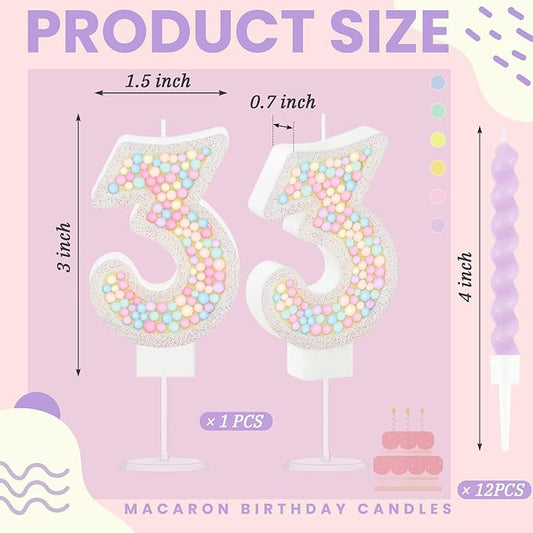 MTLEE Number 3 Birthday Candle with 12 Pcs Spiral Candles for Girls Macaron Pastel Rainbow Unicorn Pink Cake Topper for Sweet Theme Party Decoration