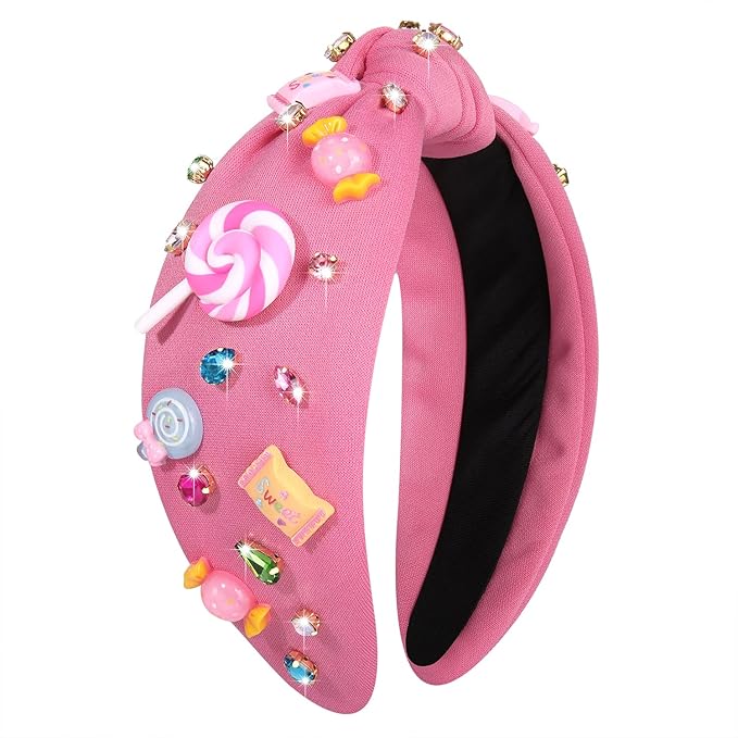 Knotted Headband for Women Lollipop Candy Charms Crystal Jeweled Embellished Top Knot Hairband Statement Wide Turban Hair Hoop Funny Gifts for Girls Sister Birthday Xmas Holiday Party