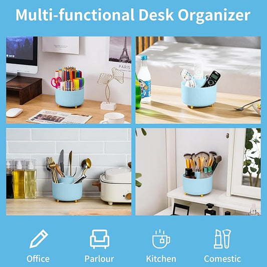 Marbrasse Desk Organizer, 360-Degree Rotating Pen Holder, Desk Organizers and Accessories with 5 Compartments Pencil Holder, Art Supply Storage Box Caddy for Office, Home(Light Blue)