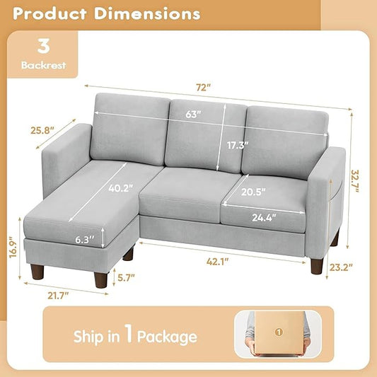 VICTONE Convertible Sectional Sofa Couch, 3 Seat L-Shaped Sofa with Linen Fabric Ottoman Small Couch for Small Apartments, Living Room and Office (Linen Fabric, Light Gray)