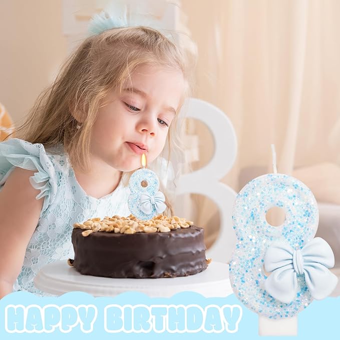 Birthday Candle for Cake, Blue Bow Number Candles, 2.76 inch Number, Cake Topper Decoration for Birthday Party (Number 8)