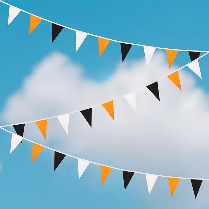100 Ft White Orange Black Pennant Banner Flag, 60 Pcs String Hanging DIY Bunting Flags for Party, School, Birthday, Wedding, Carnival, Celebrations, Outdoor and Indoor Decorations (White Orange Black)